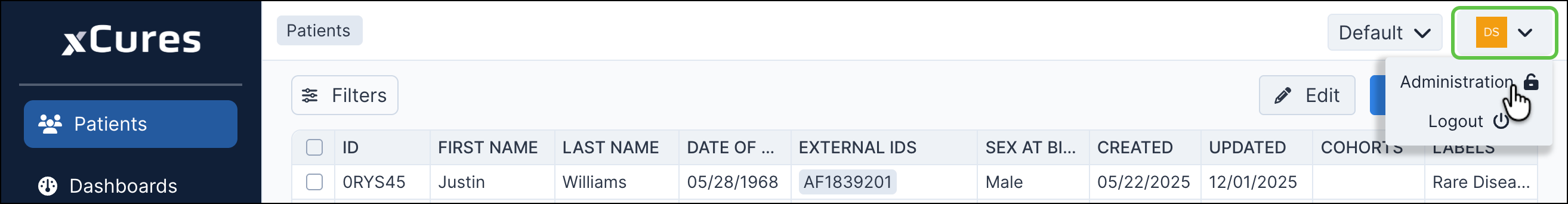 Selecting Administration from the user dropdown