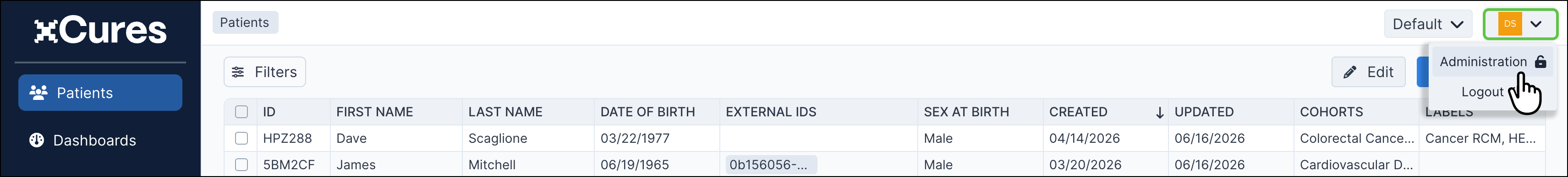Selecting Administration from the user dropdown