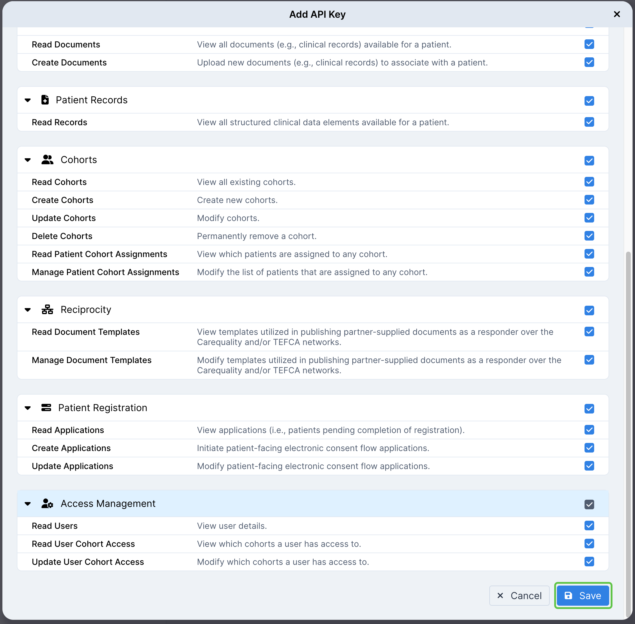 Assigning permissions to the API key