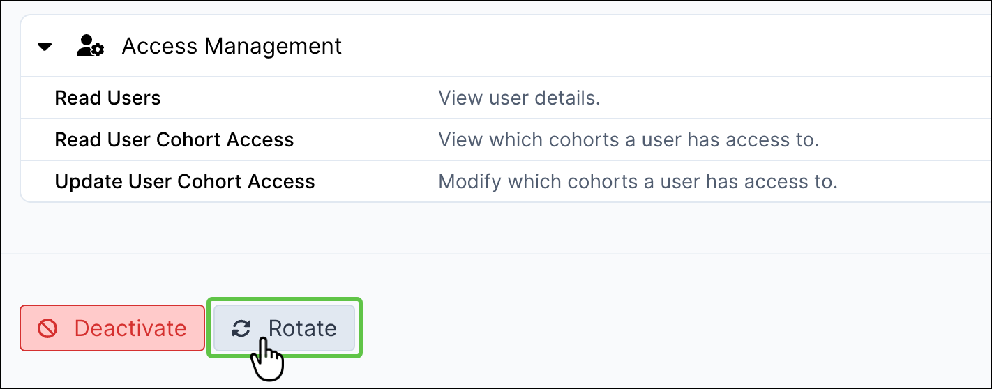 The Rotate button at the bottom of the API key detail page