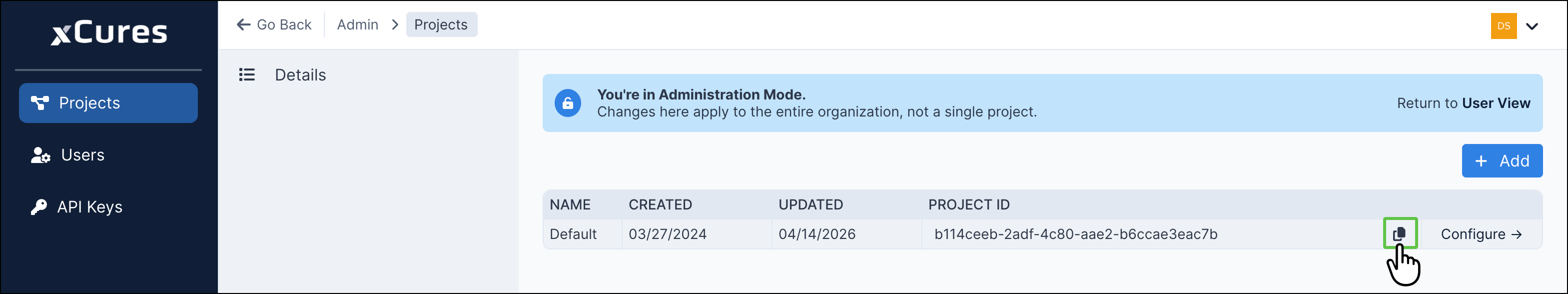 Copying a Project ID from the Projects table